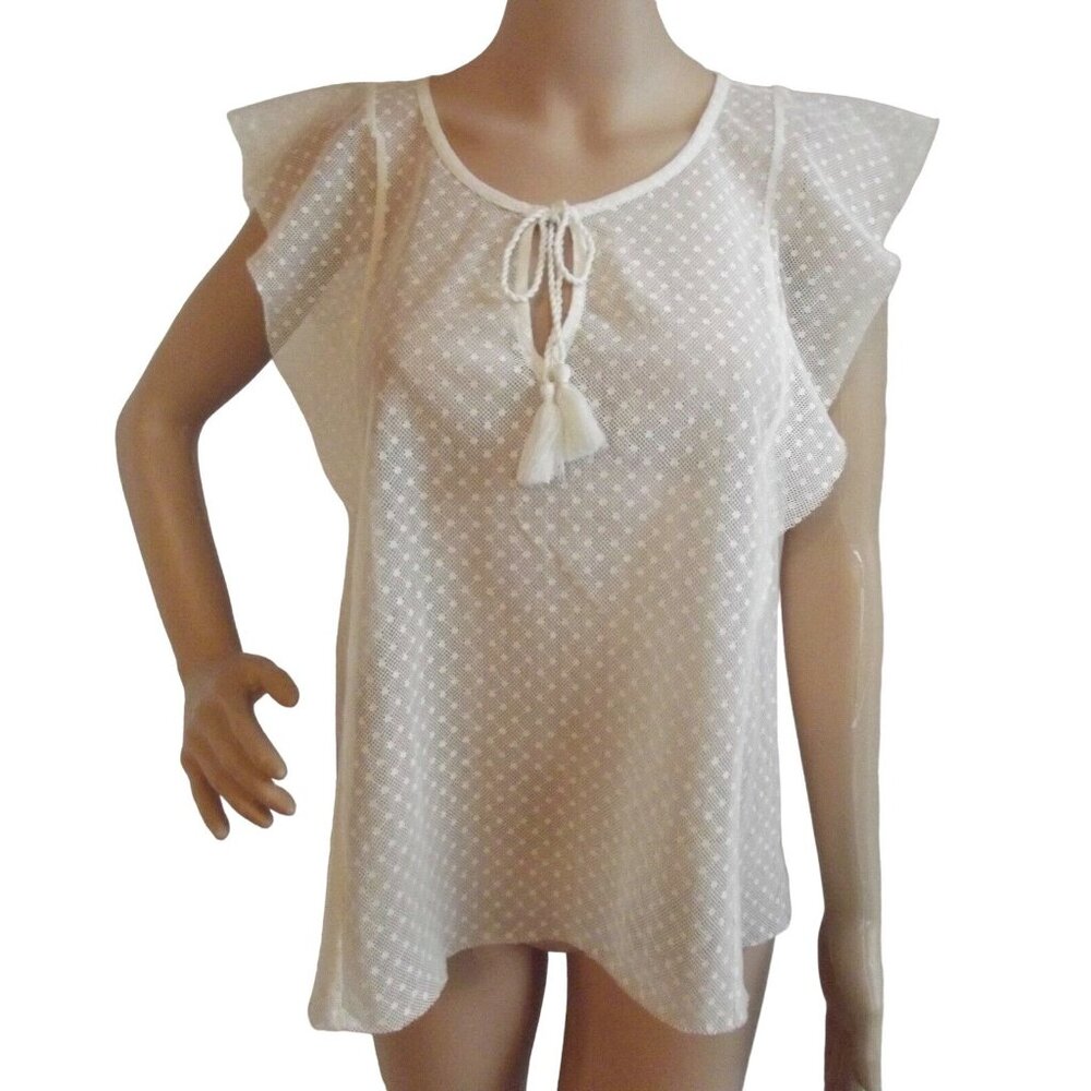 Aerie Blouse Womens Size Small Ivory Lace Sheer Flutter Cap Sleeve Keyhole